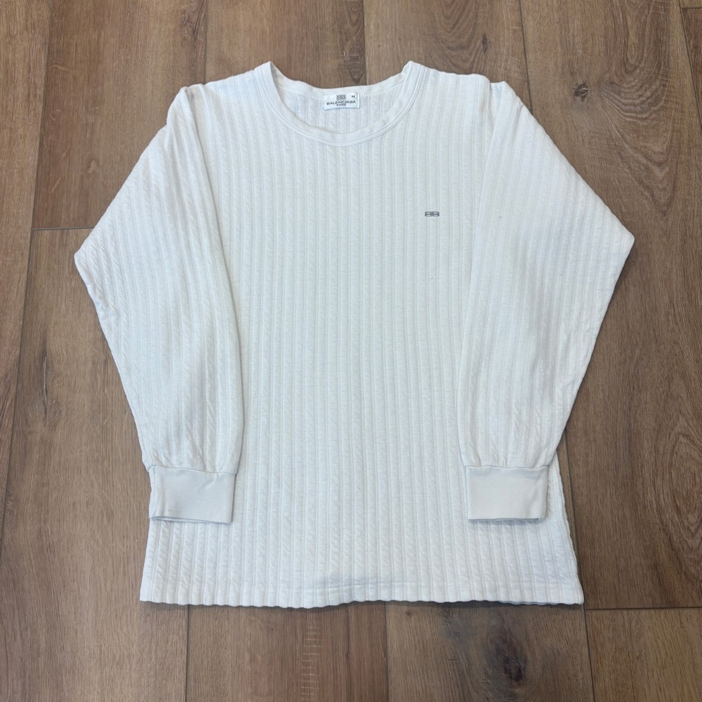 VTG 🌟BALENCIAGA🌟 LOGO LONG SLEEVE RIBBED CREW NECK KNIT TOP OFF WHITE SZ XS